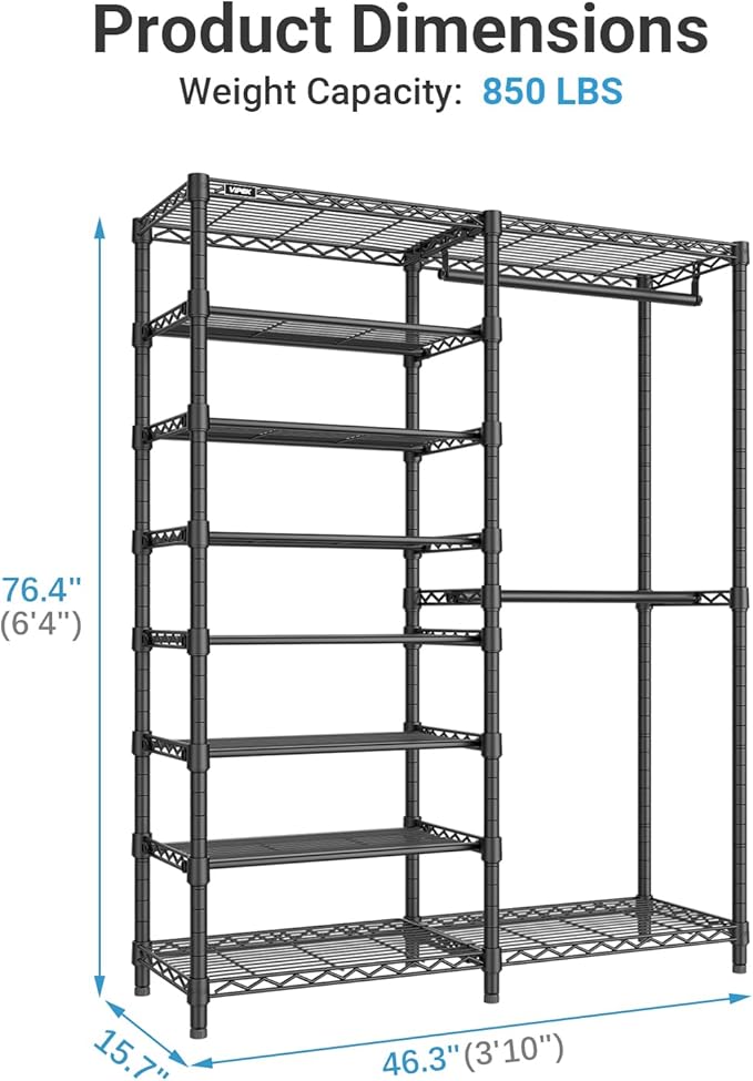VIPEK S2 Clothes Rack with 8-Tier Shoe Rack, Metal Closet Rack, Black | Freestanding Clothing Rack with 2 Hanging Rods, Adjustable Shelves, Heavy Duty Walk-In Closet Organizer for Entryway/Bedroom