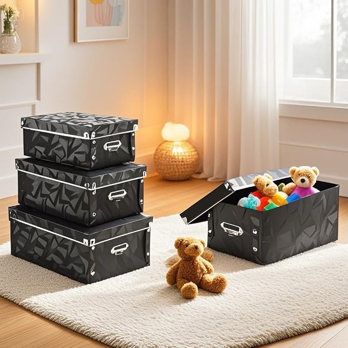 XUCHUN Foldable Storage Boxes with Lids 3 Pack Plastic Collapsible Storage Bins with Handles for Clothes, Cosmetic,Books