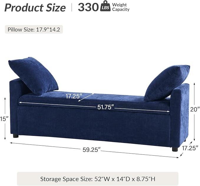 HULALA HOME 59" Storage Bench with 2 Throw Pillows & Armrests, Navy | Modern Long Bedroom Bench for End of Bed, Comfy Upholstered Fabric Footstool for Entryway Living Room