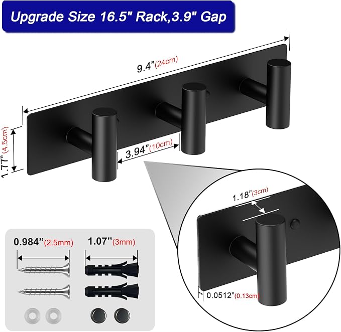 Bntuk Coat Rack Wall Mount - 3 Coat Hooks, Towel Racks for Bathroom Robes Bags Keys, Hat Rack Wall Towel Hooks Organizer (Black)