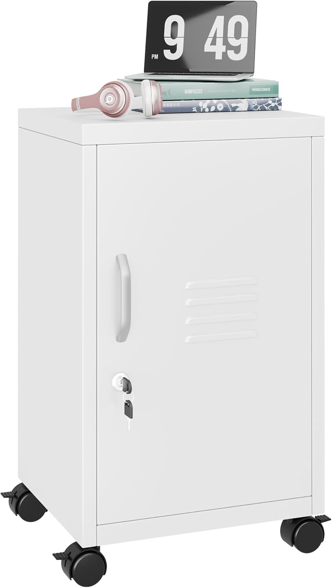 PAOFIN Metal Locker Cabinet,Under Desk Metal Vertical Filing Cabinets with Shelf and Wheels for Home Office Organizer Letters, Employees, White (Required Assembly)