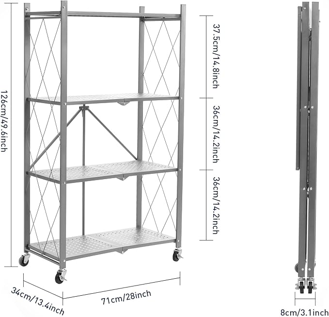 BRIAN & DANY 4-Tier Foldable Storage Shelves with Wheels, Folding Metal Rack Shelving Unit, Heavy Duty No Assembly Organizer Shelf for Garage, Kitchen, Basement, Pantry, Gray