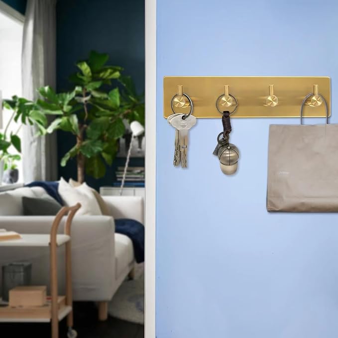 Self Adhesive Key Hook Rack with 4 Hooks for Keys Entryway - Gold