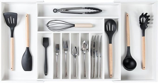 KitchenEdge Silverware & Utensil Drawer Organizer, 18-33 in, White Bamboo | Cutlery, flatware, food-safe contract grade, kitchen drawer fit