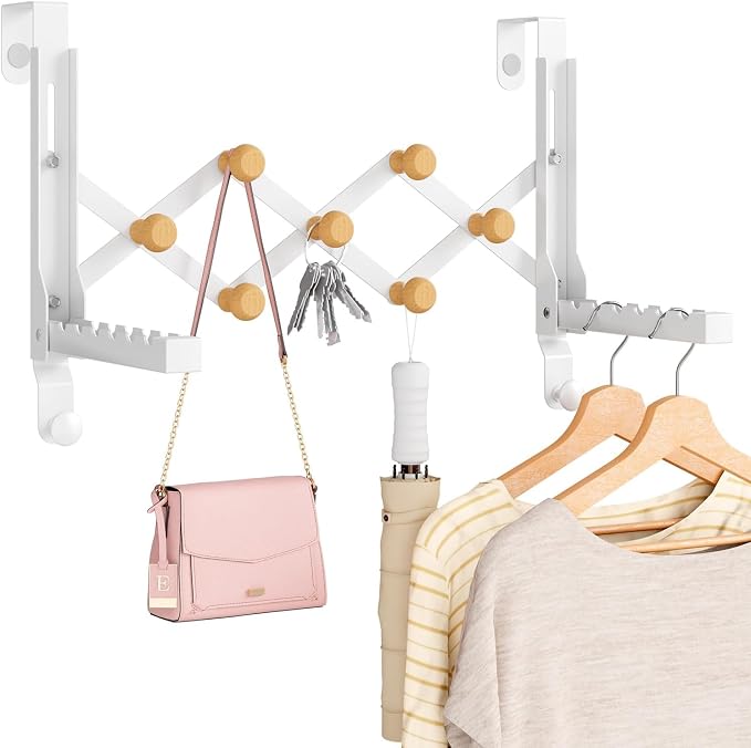 Over The Door Hooks with 7 Wood Hooks, Foldable Collapsible Clothes Drying Rack & Towel Hanger, Space-Saving Door Organizer for Laundry, Coat, Bedroom, Dorm and Bathroom