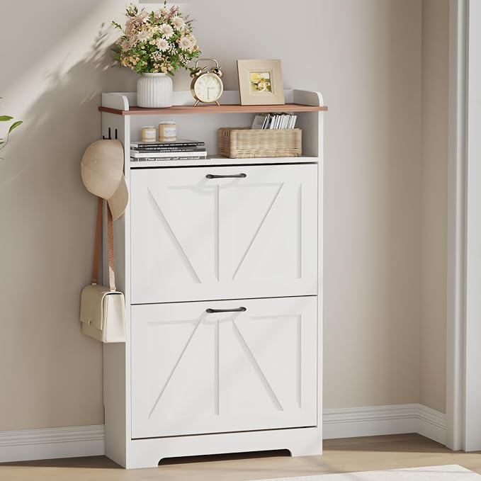 Farmhouse Narrow Shoe Cabinet with 2 Flip Drawers, 23.6" W White | Freestanding shoe storage cabinet for entryway,foyer and hallway,slim design width and space-saving flip drawers