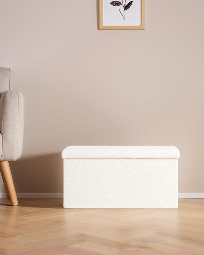 30 Inch Storage Ottoman Bench, Boucle Folding Ottoman Footstool, Rectangular Sherpa Footrest Storage Bench for Bedroom, Living Room, Entryway, Dorm, White