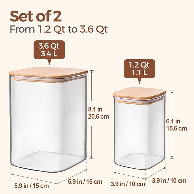 ComSaf Glass Storage Containers with Bamboo Lids 1.2/3.6 Qt 2 Pack | Pantry Organization, Flour Sugar Coffee Beans, Pasta Cereal Dry Food, Large Capacity, Cabinet Organization, Food Storage Jar