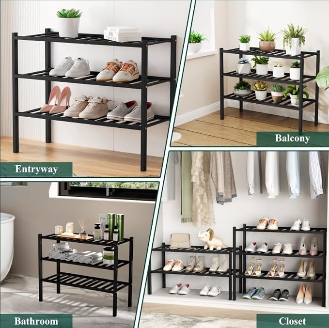 Smiry Bamboo Shoe Rack, 12 Vertical Slats, 5 Tier - 26.8" Wide, Black | Stackable Free Standing Wooden Shoe Organizer, Wood Shoe Storage Shelf for Closet, Entryway