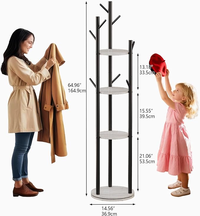 Espelism Rotary Coat Rack Stand, Freestanding Metal Hall Tree with 9 Hooks | 4-tier coat stand with wood storage shelves. Ideal for entryway, bedroom, corner or office clothing organization.Grey