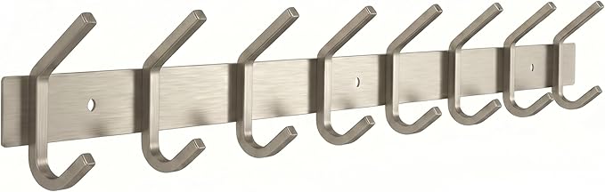Coat Rack Wall Mount – Brushed Nickel 24 Inch Stainless Steel Hook Rail with 8 Heavy Duty Double Coat Hooks – Wall Mounted Coat Hanger for Entryway, Bathroom, Bedroom, Towel, Hat Organizer
