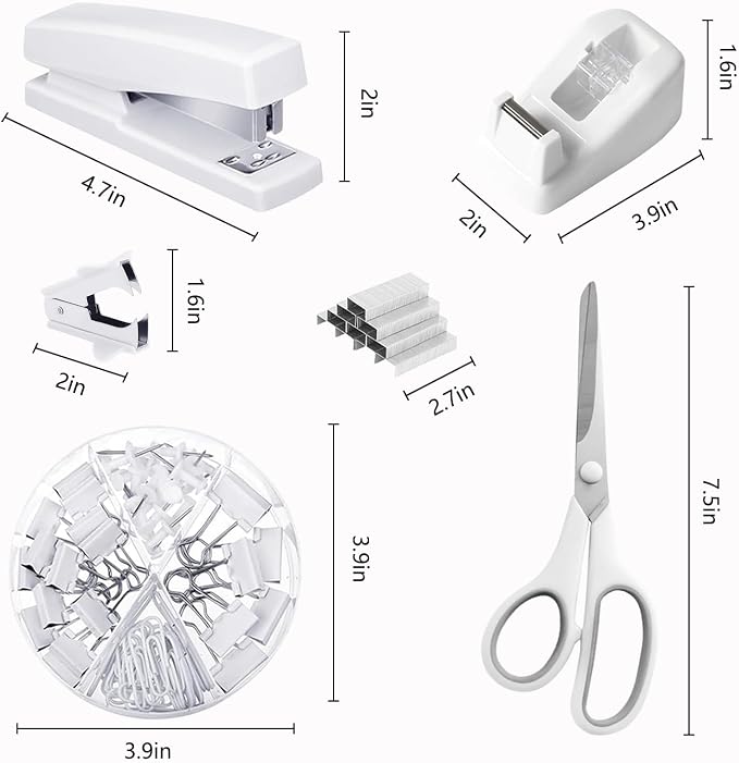 Office Supplies, White Desk Accessories,Desk Organizer,Phone Stand,Scissors,Stapler,Tape Dispenser,Binder clips,Staples,staple remover,Sticky Notes,Index Tabs,Clear Tape,Mini Box Cutter,Cool Pen.16pcs