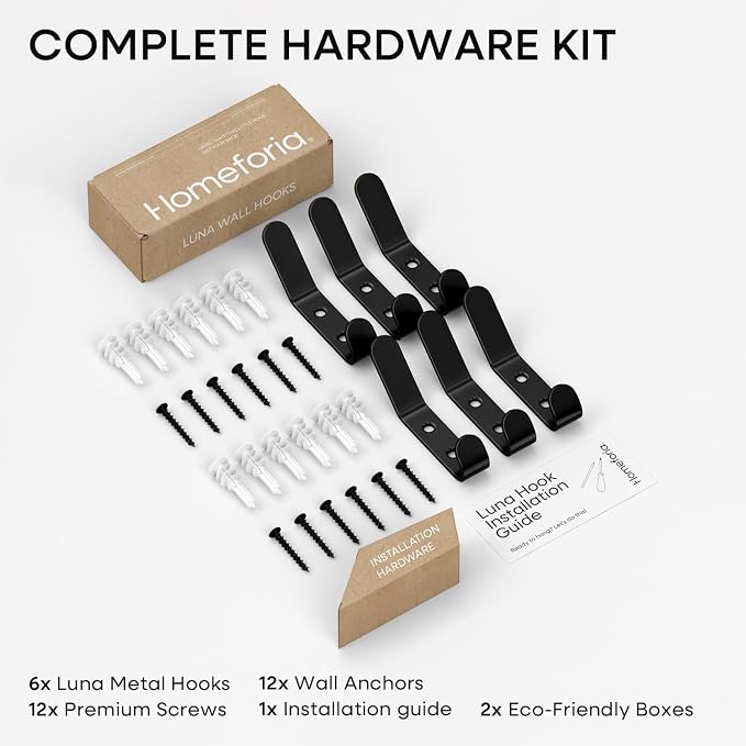 Wall Coat Hook Rack - Set of 6 - Black Metal Hooks for Hanging Coats - Hat Hooks - Hat Hangers for Wall