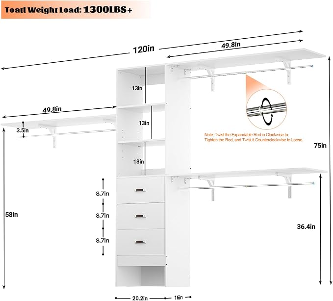 120 Inches Closet System, 10FT Walk In Closet Organizer with 3 Shelving Towers, Heavy Duty Clothes Rack with 3 Drawers, Built-In Garment Rack, 120" L x 16" W x 75" H, Max Load 1300 LBS, White