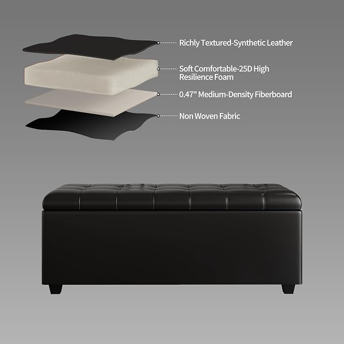 38" Black Faux Leather Storage Ottoman Footrest | Solid wood frame bench, 4-leg easy assembly. Use as end-of-bed, footrest, entryway seat. Hinged hidden storage, multi-use.