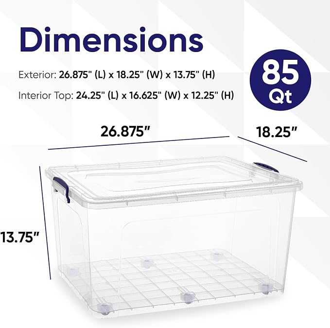Superio Clear Storage Boxes with Wheels (2 Pack), 85 Qt Heavy Duty Containers with Lids, Stackable Rolling Bins for Home, Garage, Closet Organization- Linen, Tools, Clothing, Supplies