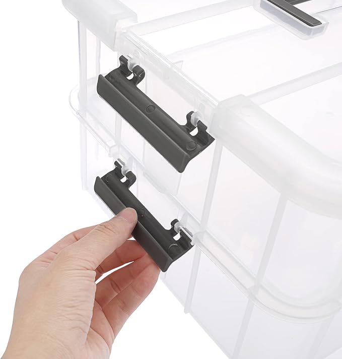 JUXYES 2-Tiers Plastic Stack Carry Storage Containers Box wih Handle Lids | Clear Stackable Latching Craft Storage Bin for School Office, Organizing Stationery, Sewing, Art Craft, DIY Supplies, Gray