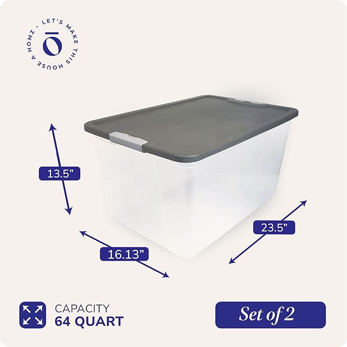 HOMZ Clear Plastic Storage Bin with Secure Latching Gray Lid, 64 Qt, 2 Pack | Heavy-Duty Stackable Containers, Large Organizer Box for Homes, Offices, and Garages