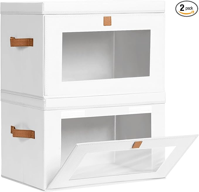Homsorout Large Clothing Storage Bins - Collapsible Boxes with Handles & Window, Decorative Organizer Bins with Lids, Fabric Containers for Living Room, Dorm, 2 Pack, White