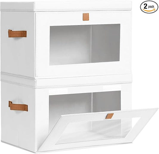 Homsorout Large Clothing Storage Bins - Collapsible Boxes with Handles & Window, Decorative Organizer Bins with Lids, Fabric Containers for Living Room, Dorm, 2 Pack, White
