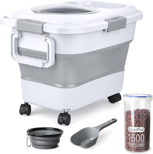 Dog Food Storage Container, 10-20 lbs Airtight Collapsible Cat Food Storage Container with Attachable Wheels, Portable Handle, Dog Food Scoop for Dog Cat Bird Pet Dry Food Storage Bin Light Grey