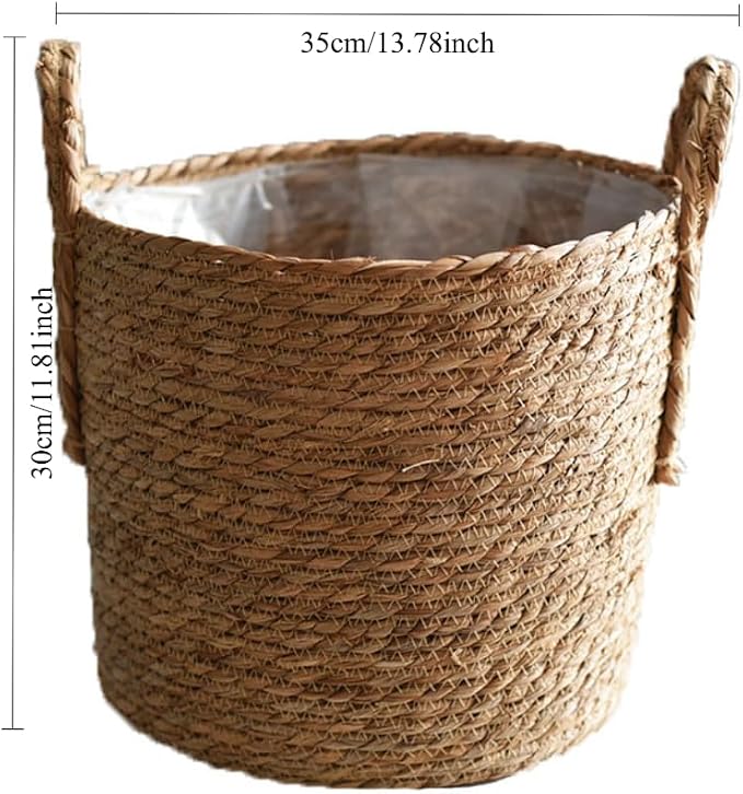 Hand Woven Seagrass Storage Basket Flower Baskets Plant Pot Succulent Organizer For Home Living Room Decorate Landscape Handmade(Natural,13.78''X11.81'')