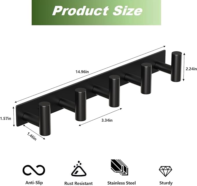 Wall Mounted Coat Rack-5 Hooks, Heavy Duty Stainless Steel Hook Rail for Towel Coat Hat Purse Bag Jacket, Towel Hooks for Entryway Bathroom Kitchen (Black 5 Hooks - 1 Pack)