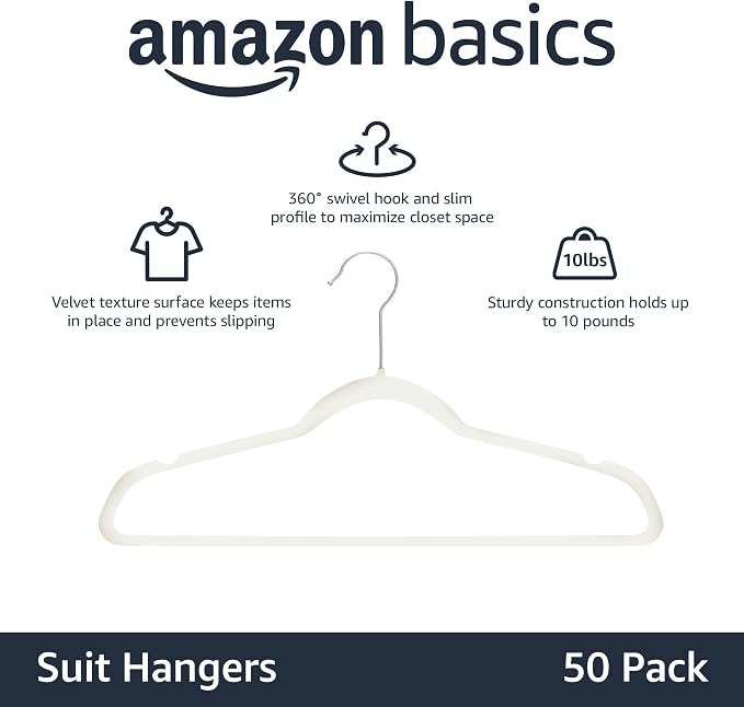 Amazon Basics Slim Velvet Non-Slip Space Saving Suit Clothes Hangers with Shoulder Notches for Closet Organization, Ivory/Silver, 50-Pack