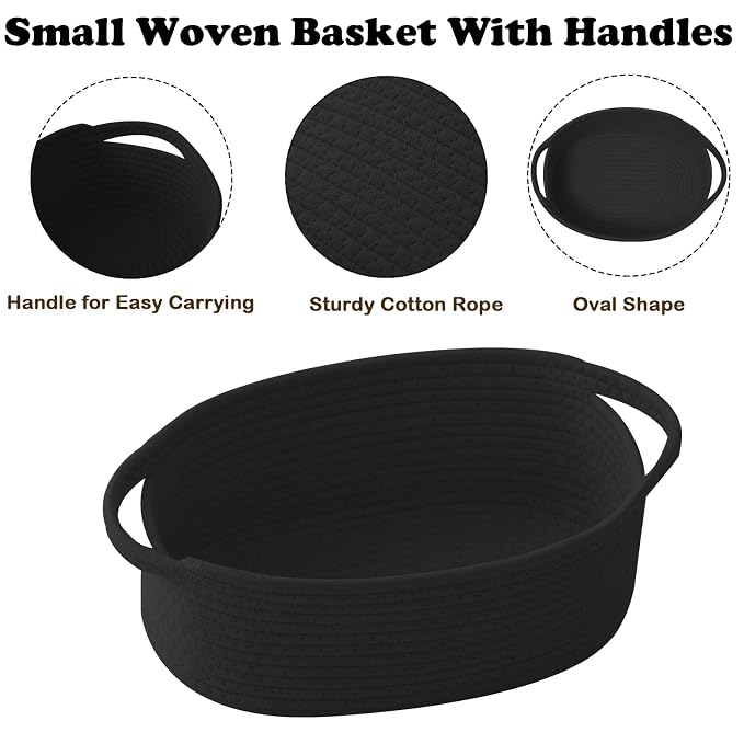 Black Woven Rope Basket - Baby Gift Basket with Bag & Ribbon | Cotton rope with handle, 12x8x5 in, gift bag and ribbon, for baby shower, birthday, toy storage, nursery, shelf decor