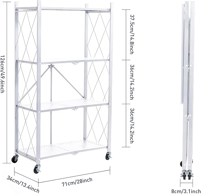 BRIAN & DANY 4-Tier Foldable Storage Shelves with Wheels, Folding Metal Rack Shelving Unit, Heavy Duty No Assembly Organizer Shelf for Garage, Kitchen, Pantry, White