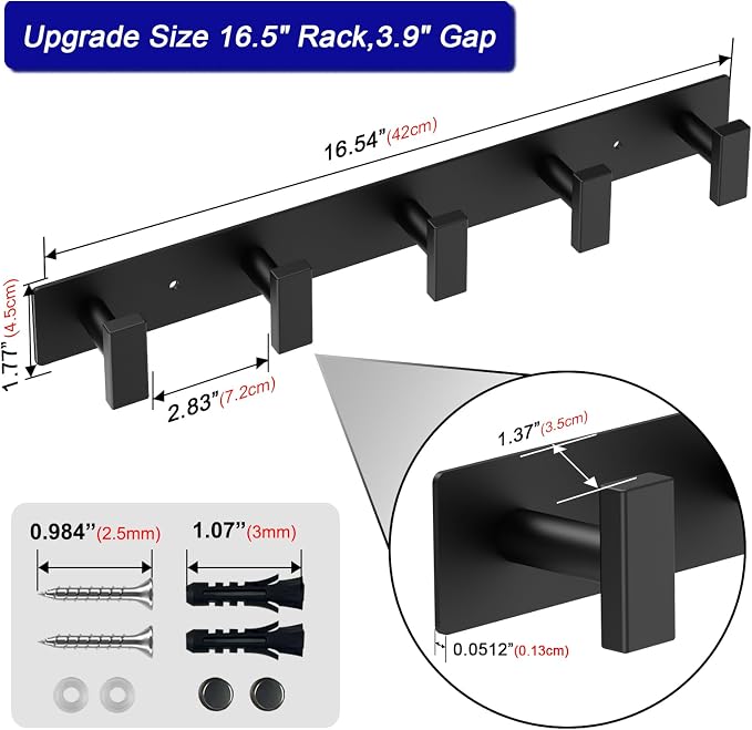 Bntuk Coat Rack Wall Mount - 5 Coat Hooks, Towel Racks for Bathroom Robes Bags Keys, Hat Rack Wall Towel Hooks Organizer Essential (Black)