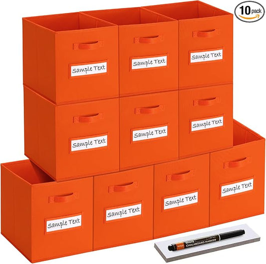 13x13 storage cube bins (Set of 10) Foldable Fabric storage cubes with 10 Labels Window Cards & a Pen,13 inch cube storage bins,Closet Organizers for Shelves,Cubby Organizer Boxes,Orange