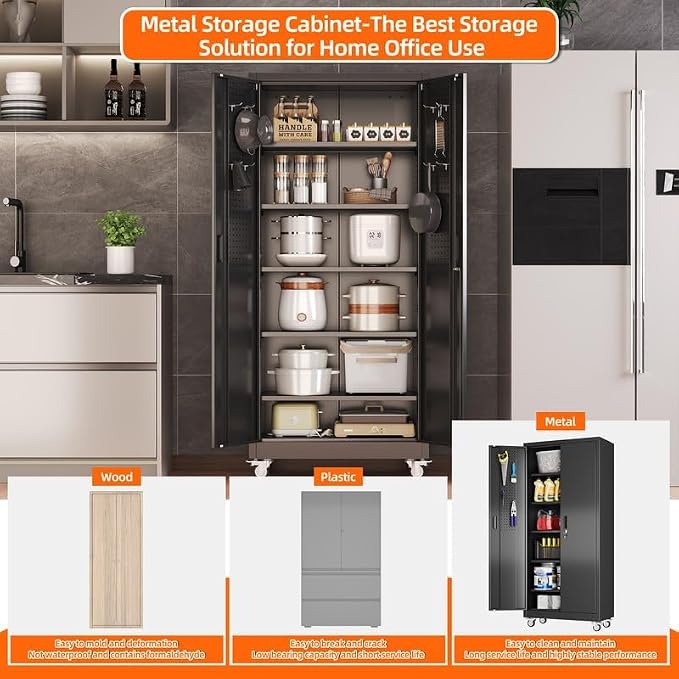 Aobabo Metal Storage Cabinet with Wheels and Door Pegboard | Garage and business storage for tools and office supplies; 5 adjustable shelves, lockable black cabinet, 16"D x 32"W x 71"H