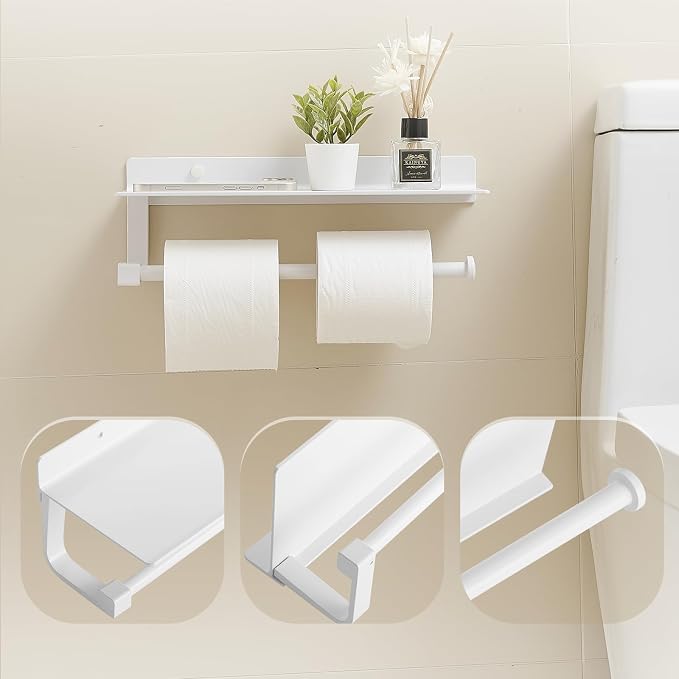 Paper Towel Holder Wall Mount for Bathroom Hand Towel Holder for Bathroom Black Paper Towel Holder with Shelf (White)