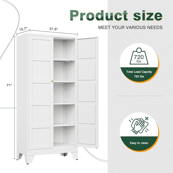 Letaya 71" H Metal Storage Cabinet with 2 Doors and 4 Shelves,Tall Kitchen Pantry Cabinets,Utility Pantry Organizers for Cupboard/Dining/Bathroom/Home Office/Garage (White, 71" H x 16" D x 32" W)