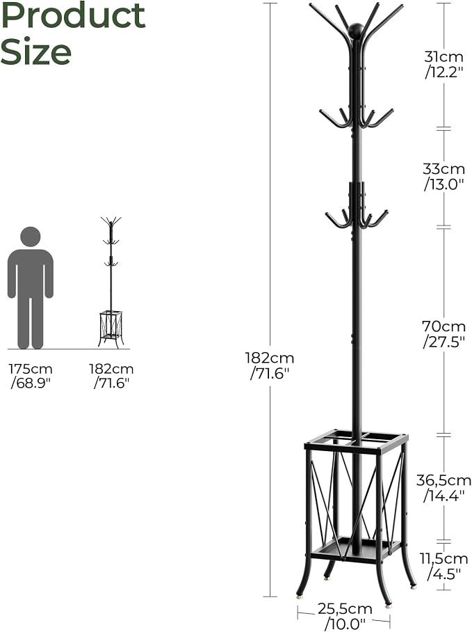 CHOEZON Coat Rack Freestanding, Coat Rack with Umbrella Holder, Entryway Hanger Stand with12 Hooks, Metal Hall Tree for Bags, Coats, Hats, Entryway, Hallway, Living Room, Bedroom, Office Black TYM01BB