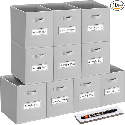 13x13 storage cube bins (Set of 10) Foldable Fabric storage cubes with 10 Labels Window Cards & a Pen,13 inch cube storage bins,Closet Organizers for Shelves,Cubby Organizer Boxes,Light Gray