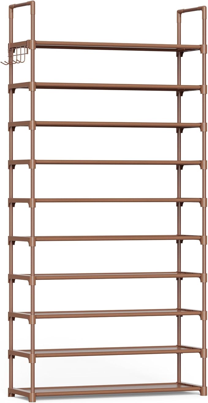 Kitsure 10 Tier Shoe Rack, Tall Shoe Organizer, 32.2" Wide, Brown | Large-Capacity Shoe Storage with Hooks, Shoe Shelf for Closet, Entryway, Bedroom, Living Room, Zapateras Organizer