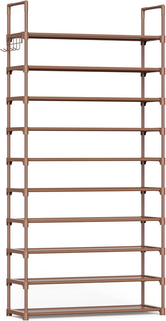 Kitsure 10 Tier Shoe Rack, Tall Shoe Organizer, 32.2" Wide, Brown | Large-Capacity Shoe Storage with Hooks, Shoe Shelf for Closet, Entryway, Bedroom, Living Room, Zapateras Organizer