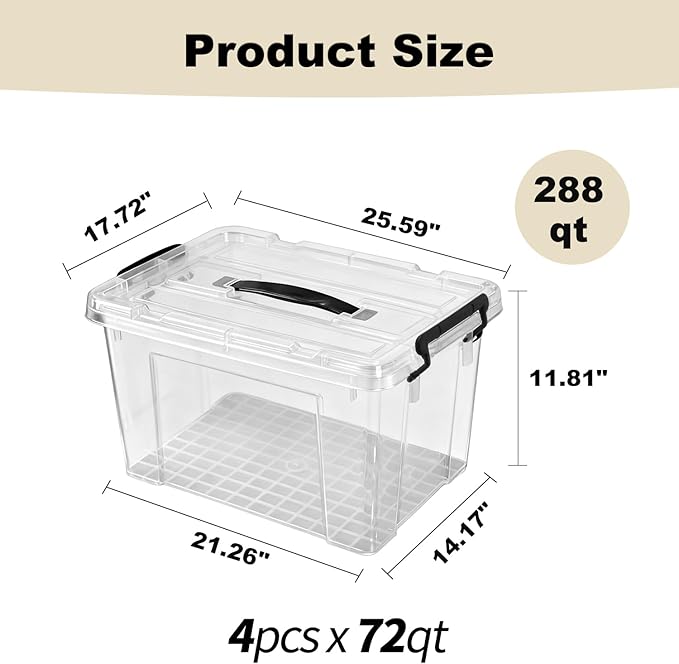 4 Pack 72 QT Plastic Storage Bins with Lids | Clear Stackable Bins with Secure Latches and Handles Heavy-Duty Storage Containers For Home Office and Garage Organization