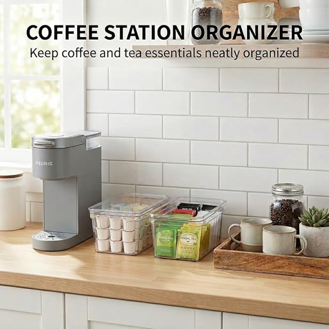 MOONEDGE 8-Pack 10x6x5 Stackable Small Clear Storage Bins with Lids | Plastic small item organizer containers with handles for vanity, craft, office, fridge, kitchen, pantry, bathroom and closet