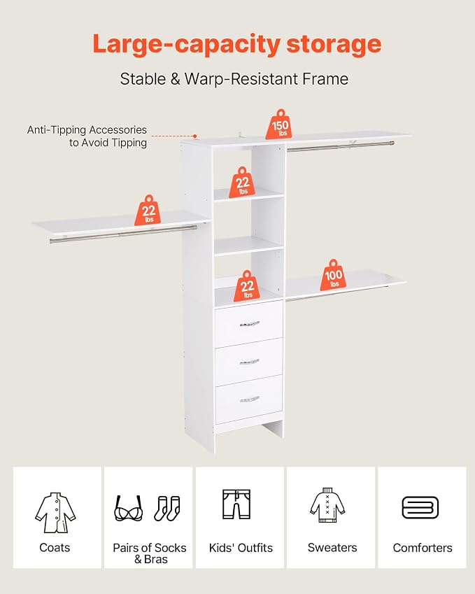 VEVOR Closet System with 3 Drawers, Adjustable Height Wooden Closet Organizers, Modern Walk-in Wardrobe Organization with 3 Retractable Clothes Hanger Rods, Freestanding Garment Rack Storage, White