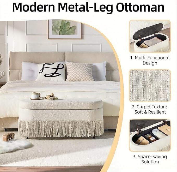 39.4“ Boho Storage Ottoman Bench with Tassels,Upholstered End of Bed Bench | Linen Oval Ottoman with Storage, Entryway Foot Rest for Bedroom, Lift-Top Lid with Safety Hinge, Living Room, Beige