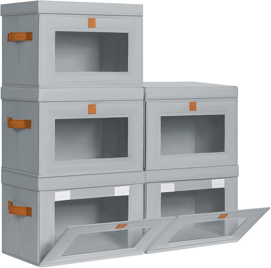 DIMJ Storage Bins with Lids - 5 Pack Front Opening Stackable Fabric Storage Boxes with Clear Window & Handles, Collapsible Closet Organizers for Clothes, Sweaters, Shelf Storage, Bedroom, Gray