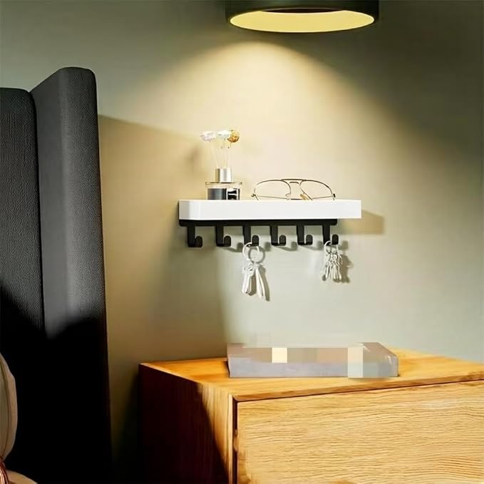 Wall Mounted Keychain with Shelving - Decorative Mailing Organizer and Key Hook for Entrance Channels with Mounting Hardware (9.64" W x 2.36" H x 2.75" L)