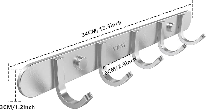 Coat Hook Rail Brushed Nickel 14-inch Towel Rack Wall Mounted with 5 Hooks/Durable Coat Hangers for Bedroom, Bathroom, Foyer, Hallway/304Stainless Steel/Easy to Install/Rust and Water Proof