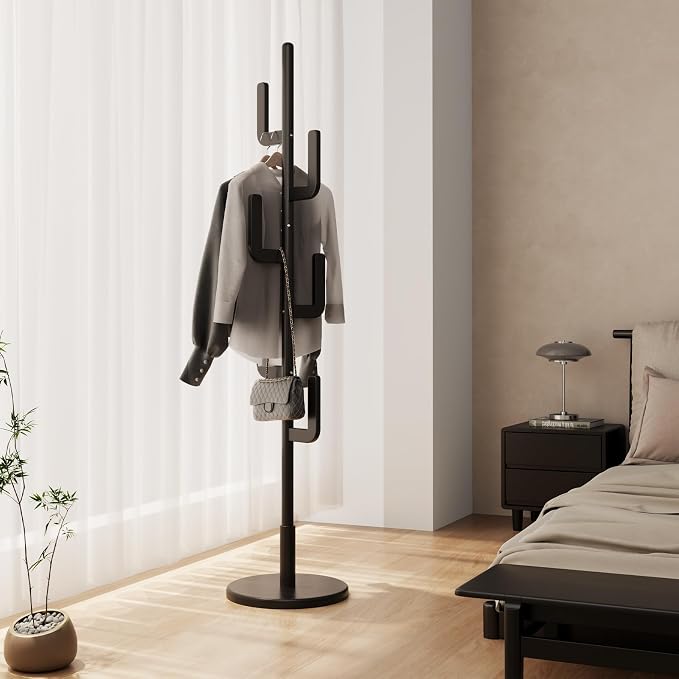 Solid Wood Cactus Coat Rack, Freestanding Coat Rack With 6 L-Shaped Hooks and 3 Adjustable Sizes, Coat Tree for Bedroom, Entryway, Livingroom, Coat Hanger Stand for Coats, Handbags (Black)
