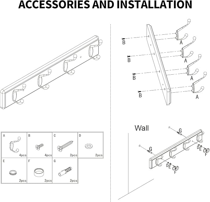 Badiano Wooden Coat Rack, Wall-Mounted Organizer for Closet, Entryway, Hallway, Foyer, Bedroom, Heavy Duty Double Hooks for Hanging Towels, Bags, Hats, Jackets, Key (White, 4 Hooks)