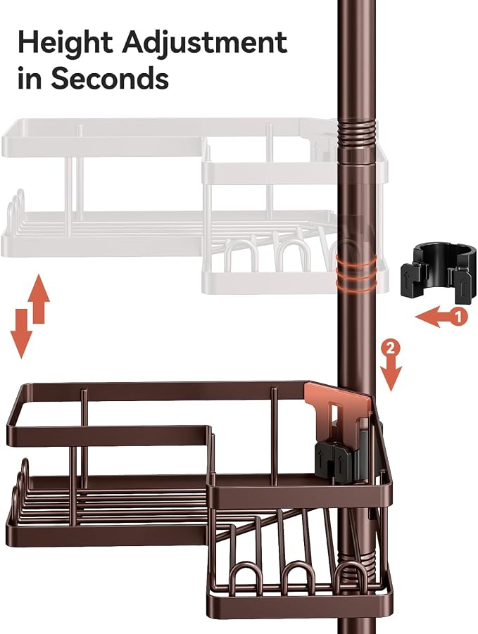 YASONIC Corner Shower Caddy Tension Pole, 25.7-109.1in Adjustable Shower Shelves, Rust-Resistant Shower Organizer, No-Drill 3-Step Installation, Bathroom Shelves for Renters & Family, Bronze