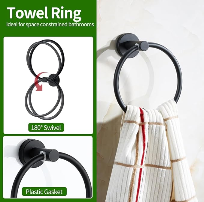 10pcs Matte Black Bathroom Hardware Set | Including 16" Hand Towel Bars, Toilet Paper Holders, Towel Rings, Towel Hooks